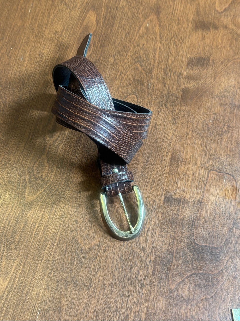 Brown Croc-Embossed Leather Belt with Brass-Tone Buckle